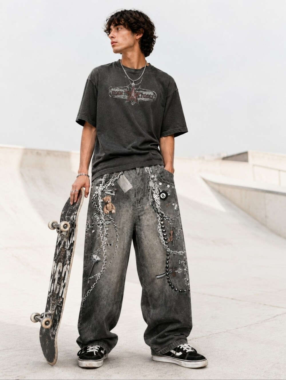 Zeroboy Y2K Chain Teddy Bear Wide Leg Jeans Sz 36